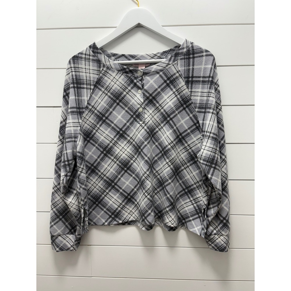 Victoria's Secret Long Sleeve Henley Sleep Shirt Pajama Top SZ Med Gray Plaid